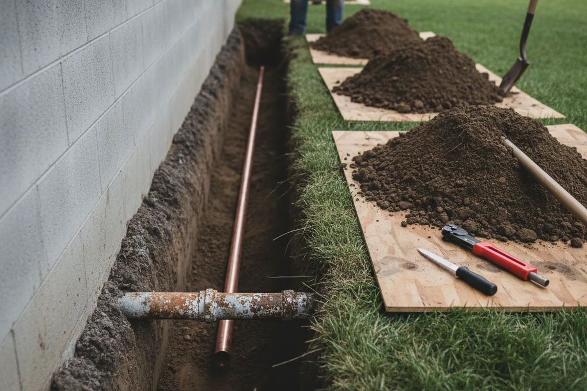 Excavated water line trench during Sewer Line Repair in Marlboro